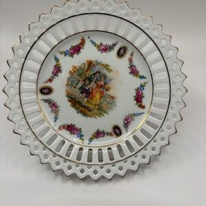 Vintage Courting Couple Reticulated Lace Germany  Plate or Trinket Dish Gold Tri